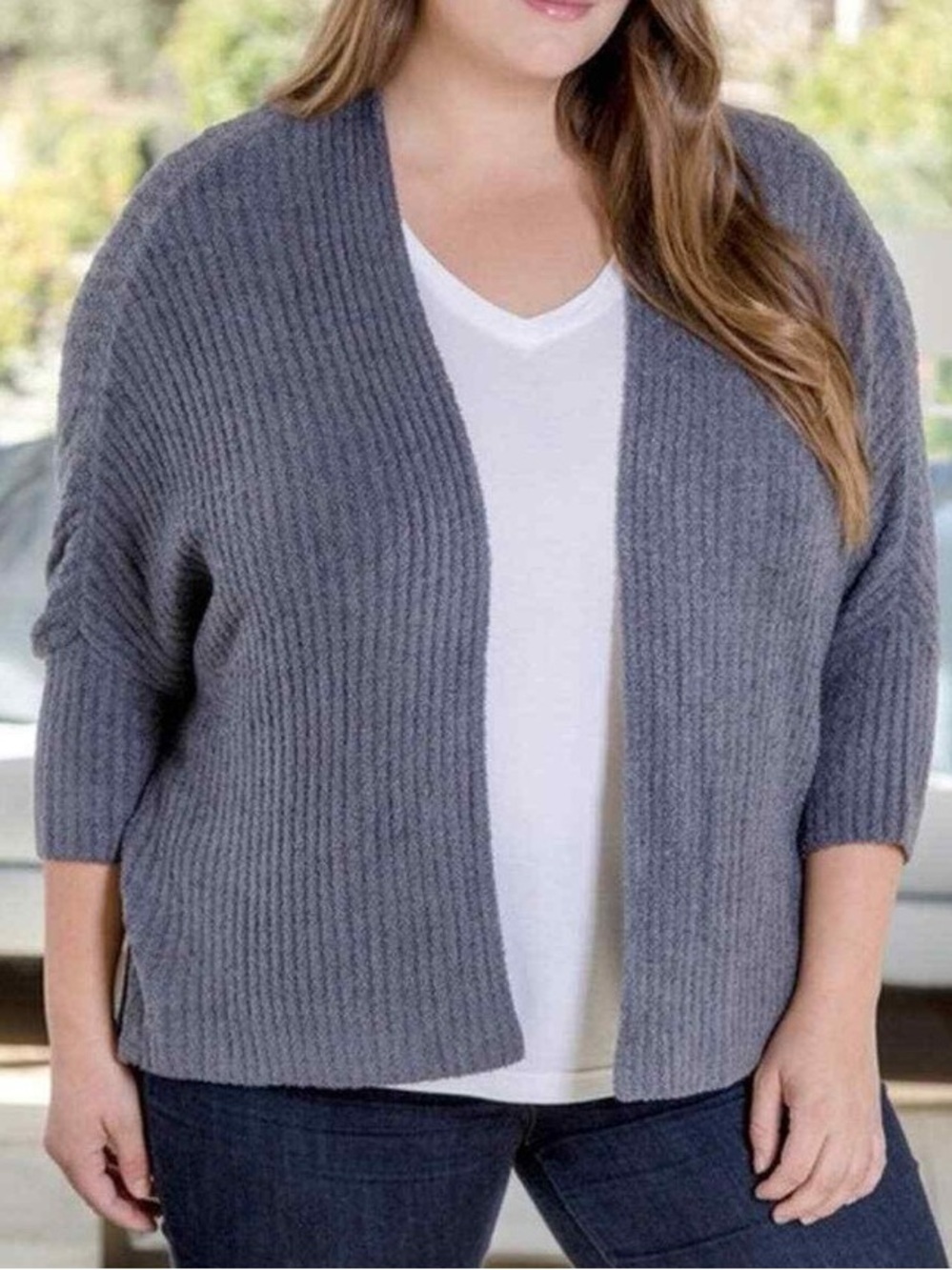 Barefoot Dreams Cozy Chic Lite Ribbed Open-Front Cardigan Charcoal Gray L/XL